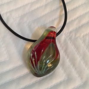 Hand blown art glass on a black rubber band chain